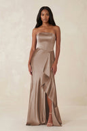 Sheath Strapless Ruffled Satin Bridesmaid Dress in Almond - SHE IS ME Bridesmaid Dresses