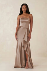 Sheath Strapless Ruffled Satin Bridesmaid Dress in Almond - KISS BRIDAL Bridesmaid Dresses