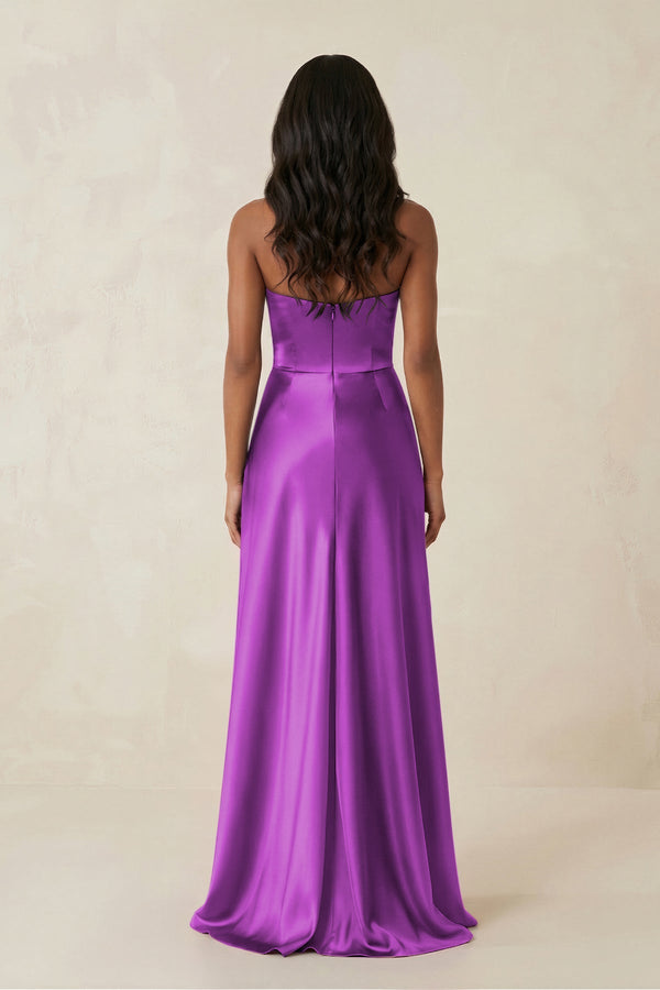 Sheath Strapless Ruffled Satin Bridesmaid Dress in Amethyst - KISS BRIDAL Bridesmaid Dresses