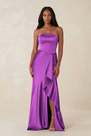 Sheath Strapless Ruffled Satin Bridesmaid Dress in Amethyst - KISS BRIDAL Bridesmaid Dresses