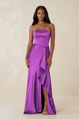 Sheath Strapless Ruffled Satin Bridesmaid Dress in Amethyst - KISS BRIDAL Bridesmaid Dresses