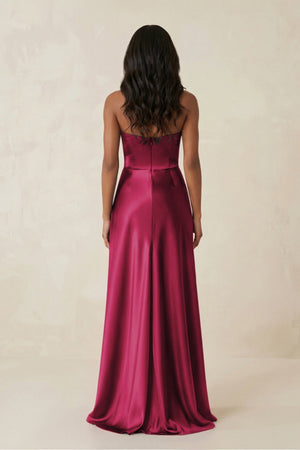 Sheath Strapless Ruffled Satin Bridesmaid Dress in Berry - KISS BRIDAL Bridesmaid Dresses