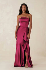 Sheath Strapless Ruffled Satin Bridesmaid Dress in Berry - KISS BRIDAL Bridesmaid Dresses