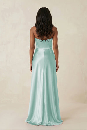 Sheath Strapless Ruffled Satin Bridesmaid Dress in Bleached Aqua - KISS BRIDAL Bridesmaid Dresses