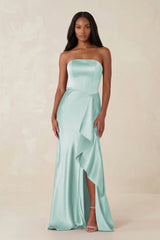 Sheath Strapless Ruffled Satin Bridesmaid Dress in Bleached Aqua - KISS BRIDAL Bridesmaid Dresses