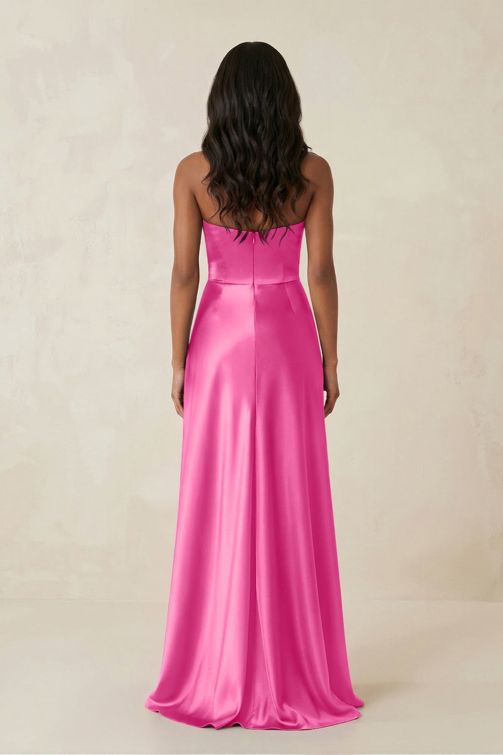 Sheath Strapless Ruffled Satin Bridesmaid Dress in Bon Bon Pink - KISS BRIDAL Bridesmaid Dresses