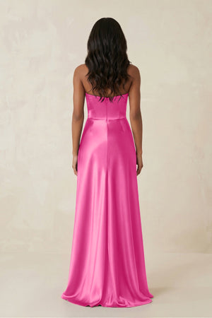 Sheath Strapless Ruffled Satin Bridesmaid Dress in Bon Bon Pink - KISS BRIDAL Bridesmaid Dresses