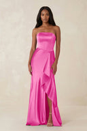 Sheath Strapless Ruffled Satin Bridesmaid Dress in Bon Bon Pink - KISS BRIDAL Bridesmaid Dresses