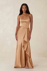 Sheath Strapless Ruffled Satin Bridesmaid Dress in Bronzer - KISS BRIDAL Bridesmaid Dresses
