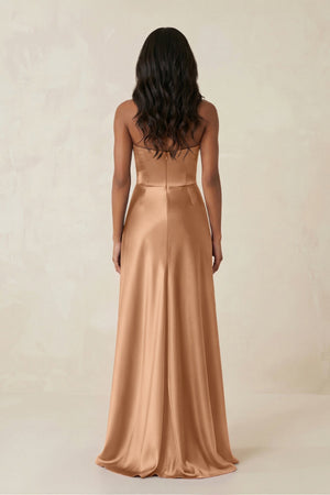 Sheath Strapless Ruffled Satin Bridesmaid Dress in Bronzer - KISS BRIDAL Bridesmaid Dresses