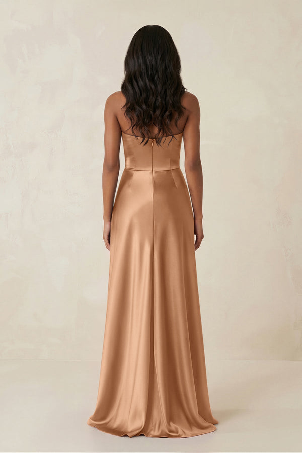 Sheath Strapless Ruffled Satin Bridesmaid Dress in Bronzer - KISS BRIDAL Bridesmaid Dresses