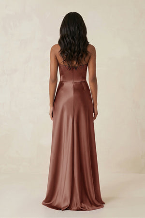 Sheath Strapless Ruffled Satin Bridesmaid Dress in Brown - KISS BRIDAL Bridesmaid Dresses