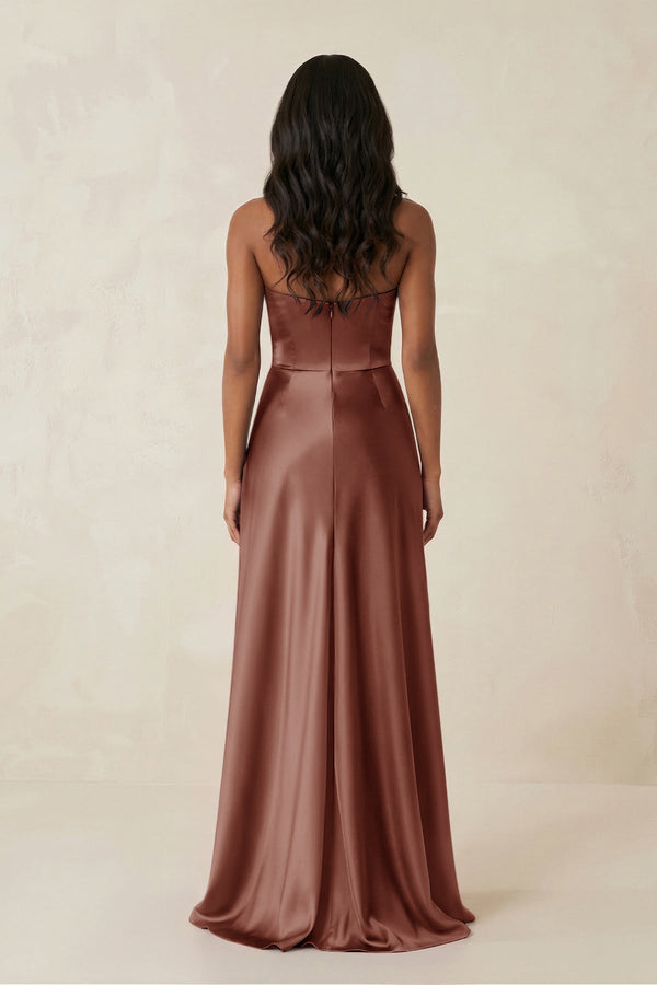 Sheath Strapless Ruffled Satin Bridesmaid Dress in Brown - KISS BRIDAL Bridesmaid Dresses