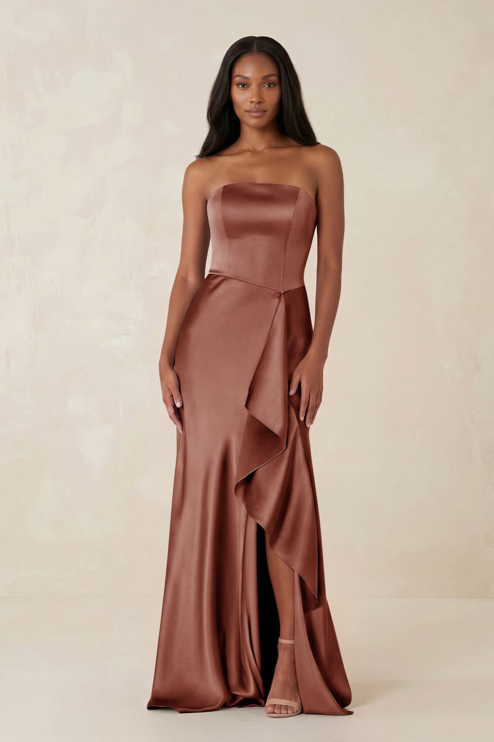 Sheath Strapless Ruffled Satin Bridesmaid Dress in Brown - KISS BRIDAL Bridesmaid Dresses