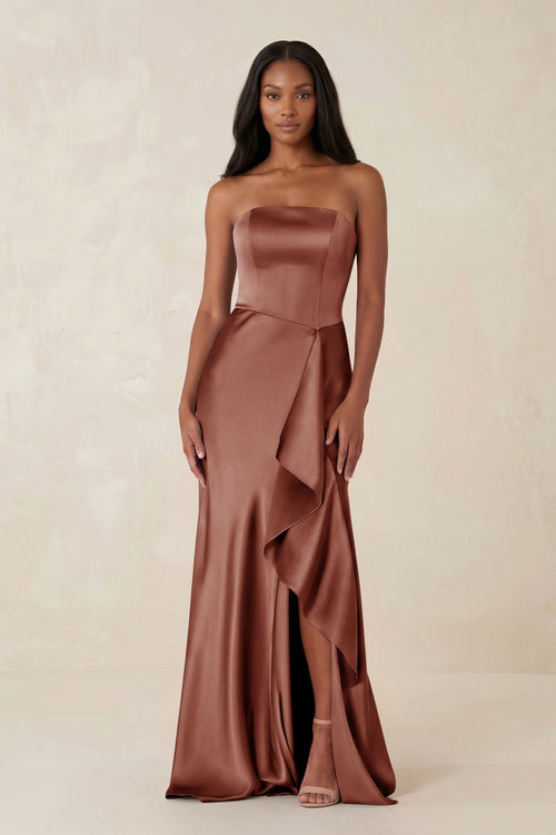 Sheath Strapless Ruffled Satin Bridesmaid Dress in Brown - KISS BRIDAL Bridesmaid Dresses
