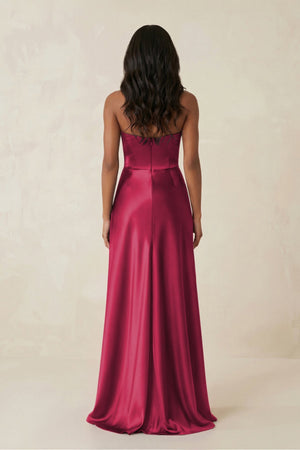 Sheath Strapless Ruffled Satin Bridesmaid Dress in Burgundy - KISS BRIDAL Bridesmaid Dresses