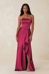 Sheath Strapless Ruffled Satin Bridesmaid Dress in Burgundy - KISS BRIDAL Bridesmaid Dresses