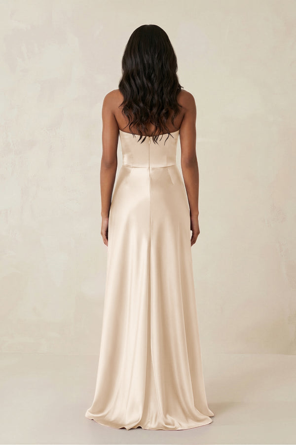 Sheath Strapless Ruffled Satin Bridesmaid Dress in Buttercream - KISS BRIDAL Bridesmaid Dresses