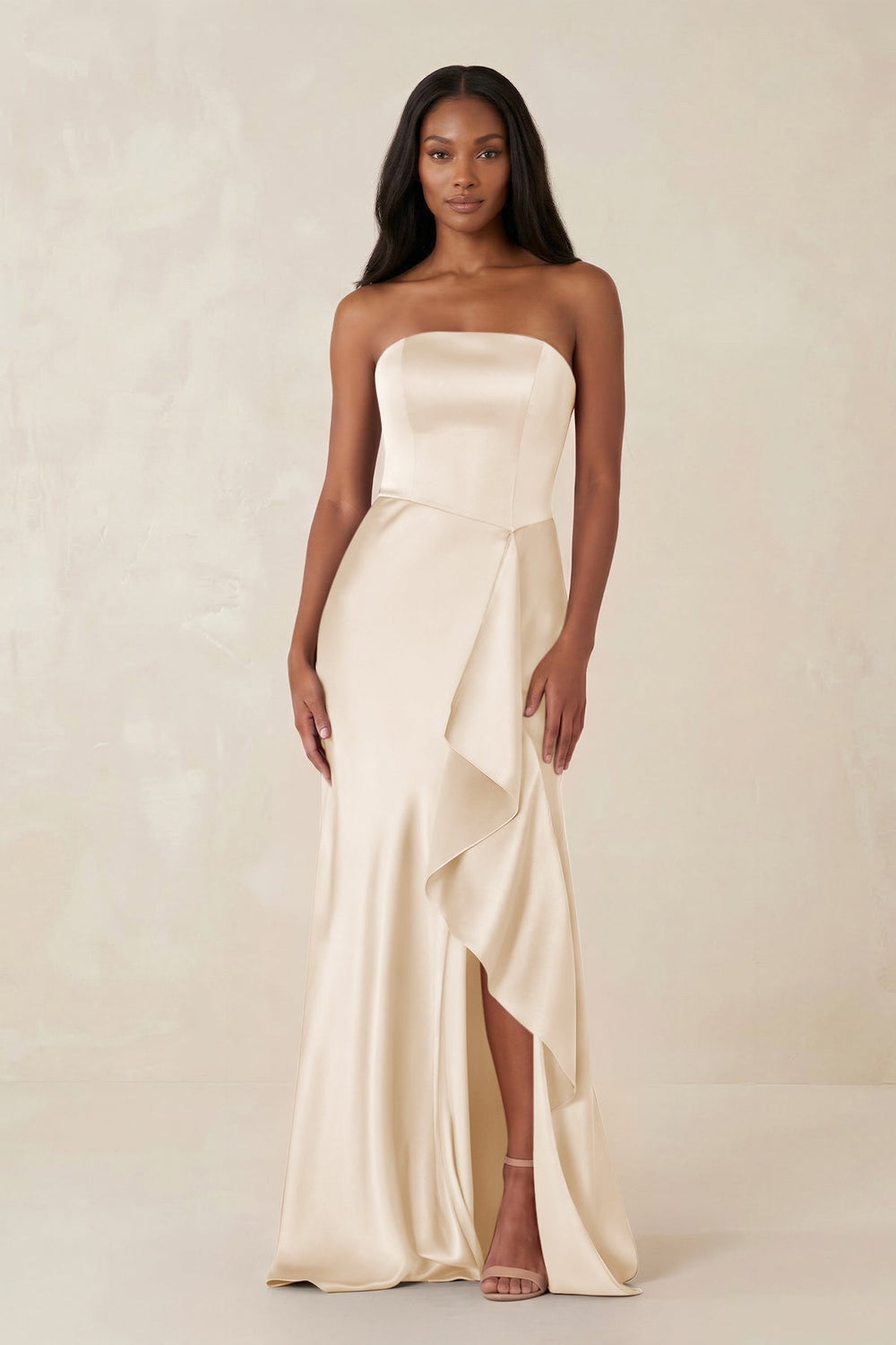 Sheath Strapless Ruffled Satin Bridesmaid Dress in Buttercream - KISS BRIDAL Bridesmaid Dresses
