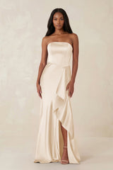 Sheath Strapless Ruffled Satin Bridesmaid Dress in Buttercream - KISS BRIDAL Bridesmaid Dresses