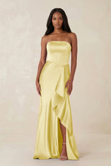 Sheath Strapless Ruffled Satin Bridesmaid Dress in Buttercup - KISS BRIDAL Bridesmaid Dresses