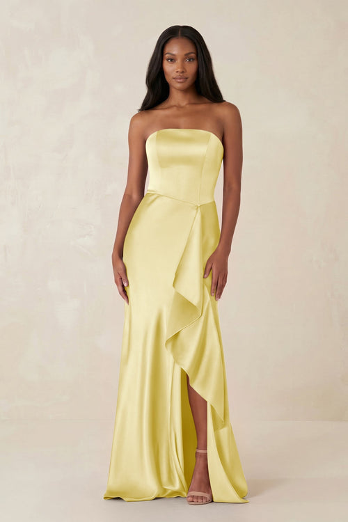 Sheath Strapless Ruffled Satin Bridesmaid Dress in Buttercup - KISS BRIDAL Bridesmaid Dresses