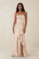 Sheath Strapless Ruffled Satin Bridesmaid Dress in Champagne - KISS BRIDAL Bridesmaid Dresses