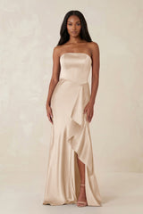 Sheath Strapless Ruffled Satin Bridesmaid Dress in Champagne - KISS BRIDAL Bridesmaid Dresses