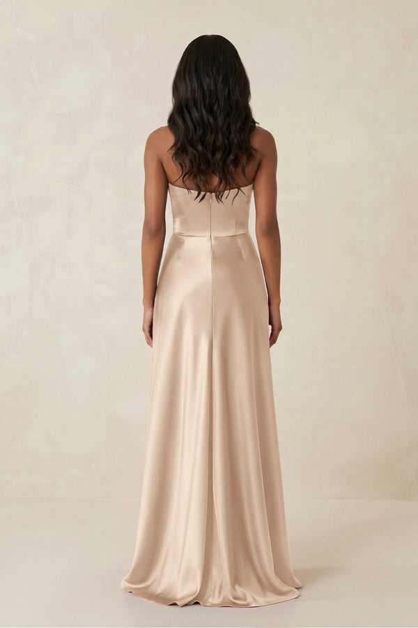 Sheath Strapless Ruffled Satin Bridesmaid Dress in Champagne - KISS BRIDAL Bridesmaid Dresses