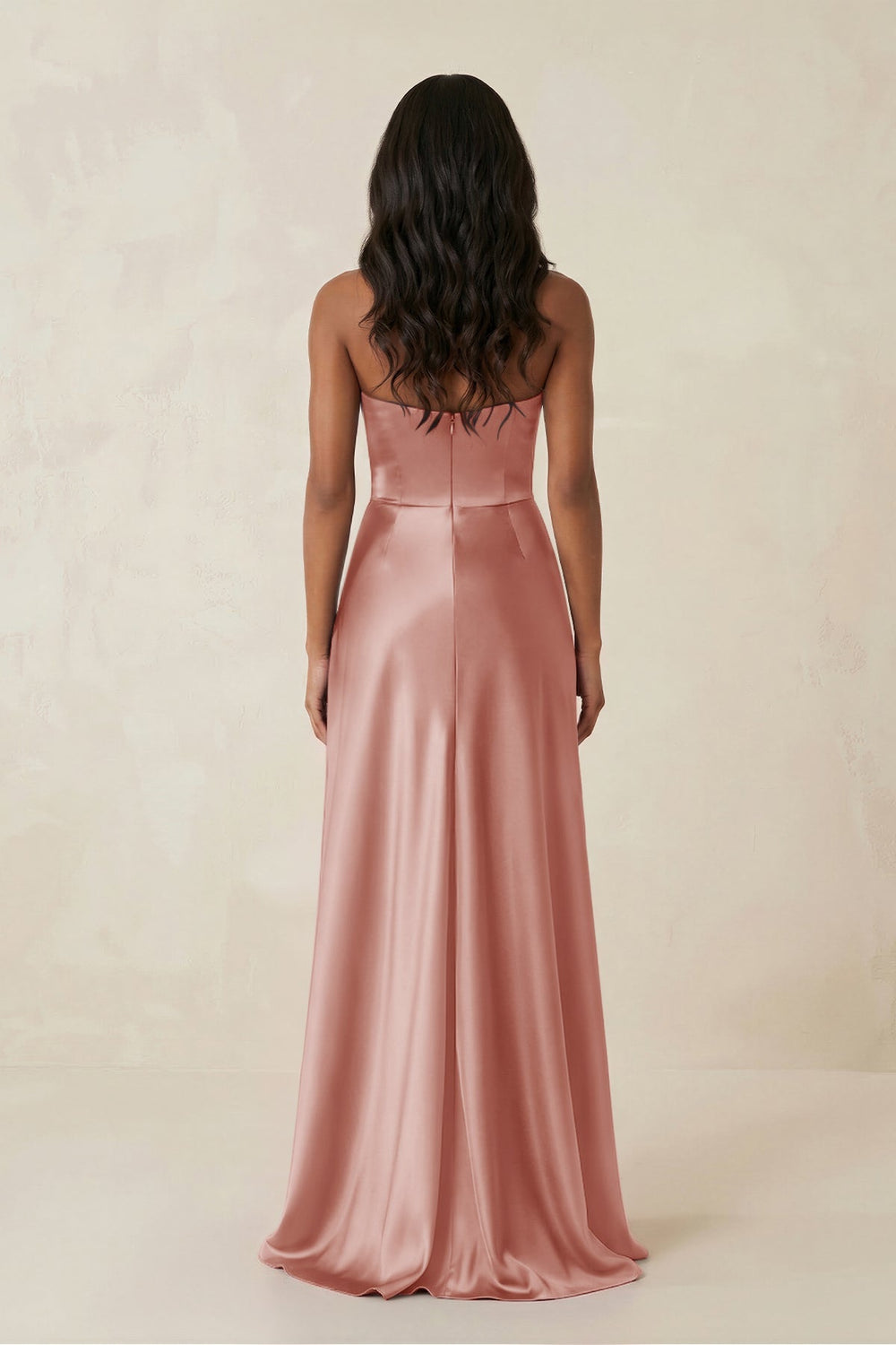 Sheath Strapless Ruffled Satin Bridesmaid Dress in Champagne Rose - SHE IS ME Bridesmaid Dresses