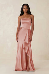 Sheath Strapless Ruffled Satin Bridesmaid Dress in Champagne Rose - KISS BRIDAL Bridesmaid Dresses