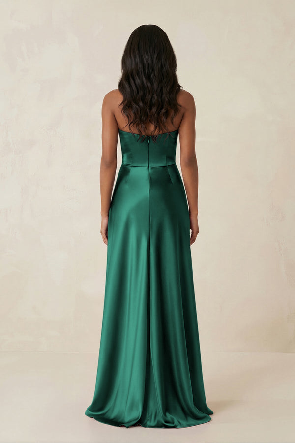 Sheath Strapless Ruffled Satin Bridesmaid Dress in Dark Green - KISS BRIDAL Bridesmaid Dresses