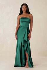 Sheath Strapless Ruffled Satin Bridesmaid Dress in Dark Green - KISS BRIDAL Bridesmaid Dresses