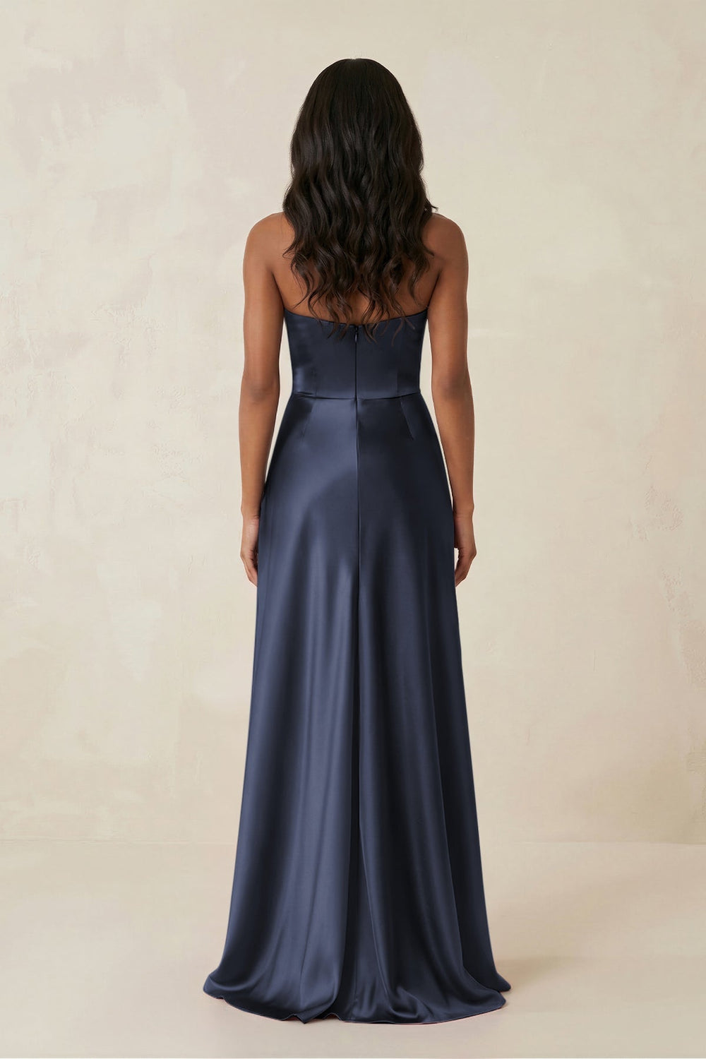 Sheath Strapless Ruffled Satin Bridesmaid Dress in Dark Navy - KISS BRIDAL Bridesmaid Dresses
