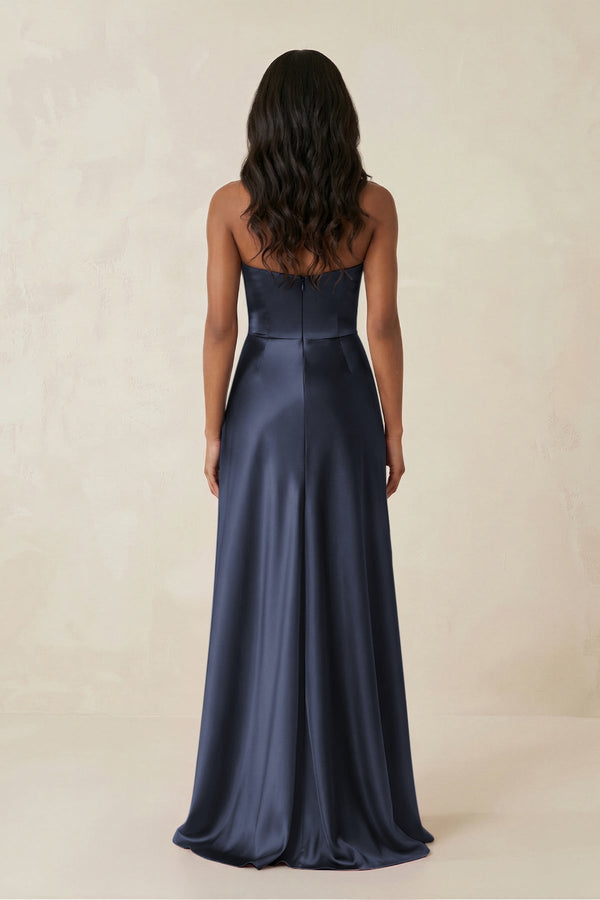 Sheath Strapless Ruffled Satin Bridesmaid Dress in Dark Navy - KISS BRIDAL Bridesmaid Dresses