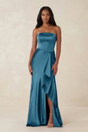 Sheath Strapless Ruffled Satin Bridesmaid Dress in Dark Teal - KISS BRIDAL Bridesmaid Dresses