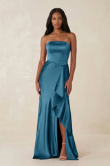 Sheath Strapless Ruffled Satin Bridesmaid Dress in Dark Teal - KISS BRIDAL Bridesmaid Dresses