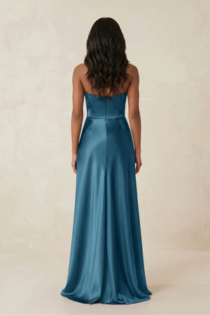 Sheath Strapless Ruffled Satin Bridesmaid Dress in Dark Teal - KISS BRIDAL Bridesmaid Dresses