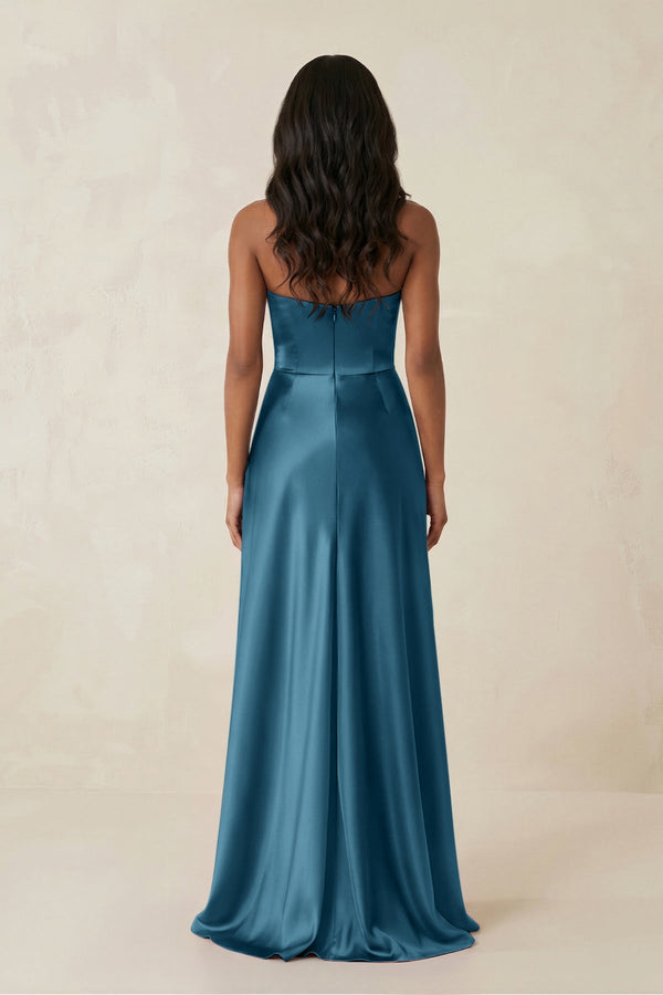 Sheath Strapless Ruffled Satin Bridesmaid Dress in Dark Teal - KISS BRIDAL Bridesmaid Dresses