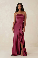 Sheath Strapless Ruffled Satin Bridesmaid Dress in Desert Rose - KISS BRIDAL Bridesmaid Dresses