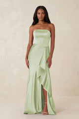 Sheath Strapless Ruffled Satin Bridesmaid Dress in Dusty Sage - KISS BRIDAL Bridesmaid Dresses