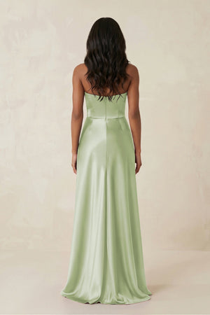 Sheath Strapless Ruffled Satin Bridesmaid Dress in Dusty Sage - KISS BRIDAL Bridesmaid Dresses