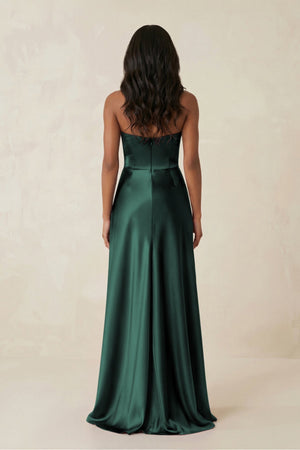 Sheath Strapless Ruffled Satin Bridesmaid Dress in Emerald - KISS BRIDAL Bridesmaid Dresses