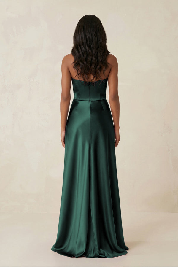 Sheath Strapless Ruffled Satin Bridesmaid Dress in Emerald - KISS BRIDAL Bridesmaid Dresses
