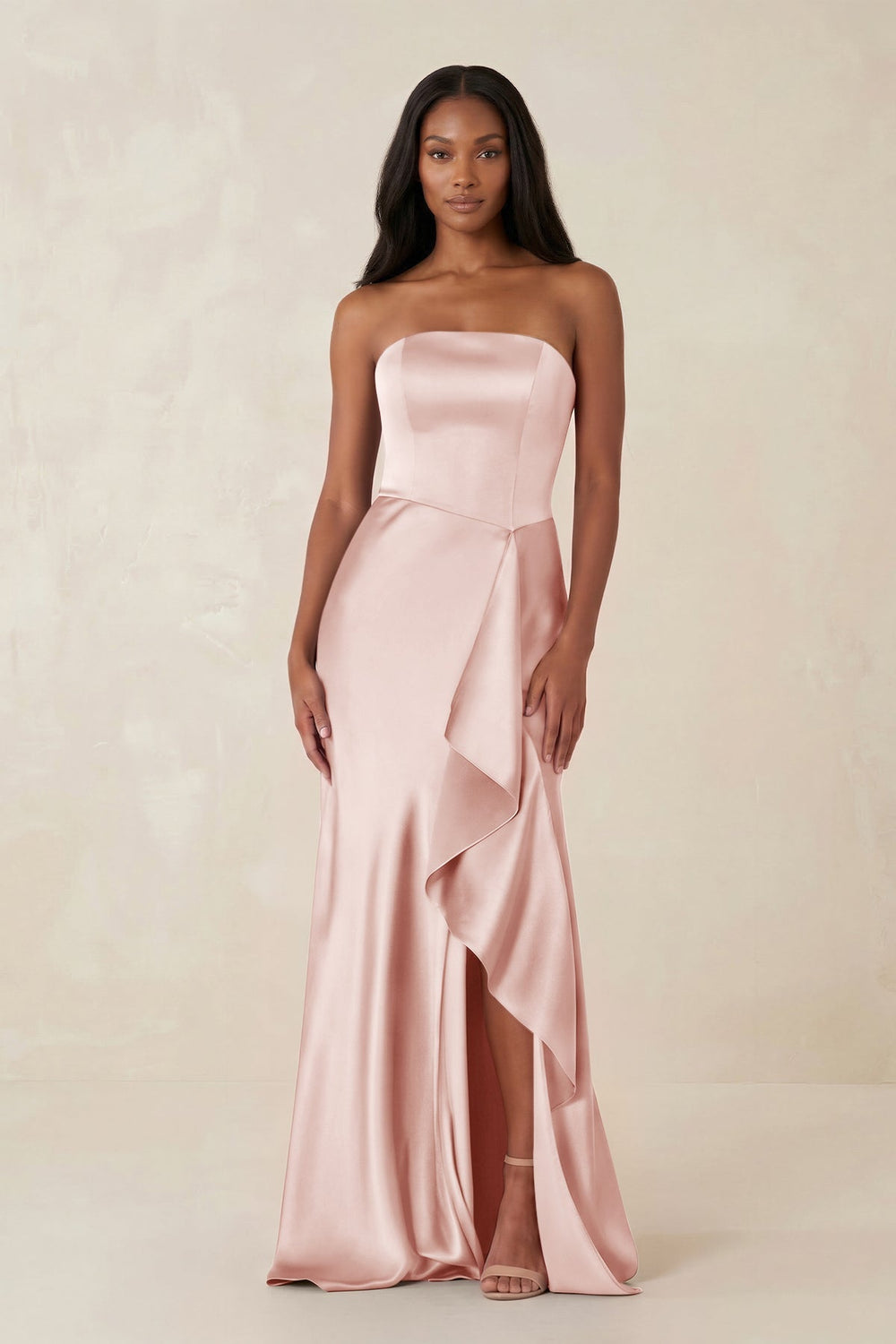 Sheath Strapless Ruffled Satin Bridesmaid Dress in English Rose - SHE IS ME Bridesmaid Dresses