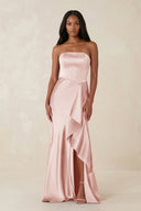Sheath Strapless Ruffled Satin Bridesmaid Dress in English Rose - KISS BRIDAL Bridesmaid Dresses