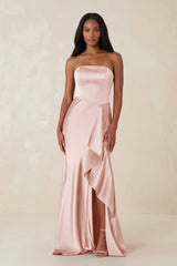 Sheath Strapless Ruffled Satin Bridesmaid Dress in English Rose - KISS BRIDAL Bridesmaid Dresses