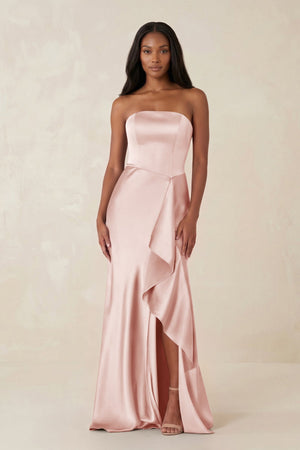 Sheath Strapless Ruffled Satin Bridesmaid Dress in English Rose - KISS BRIDAL Bridesmaid Dresses