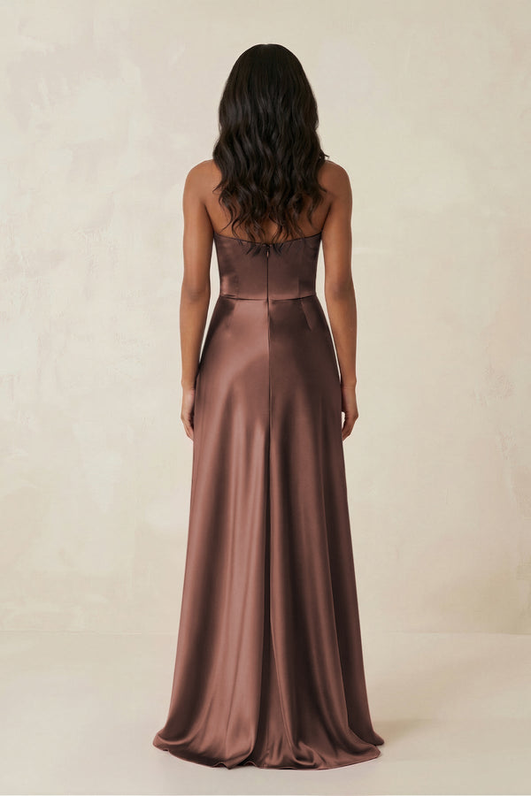 Sheath Strapless Ruffled Satin Bridesmaid Dress in Espresso - KISS BRIDAL Bridesmaid Dresses