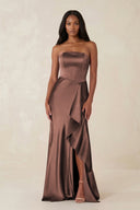 Sheath Strapless Ruffled Satin Bridesmaid Dress in Espresso - KISS BRIDAL Bridesmaid Dresses